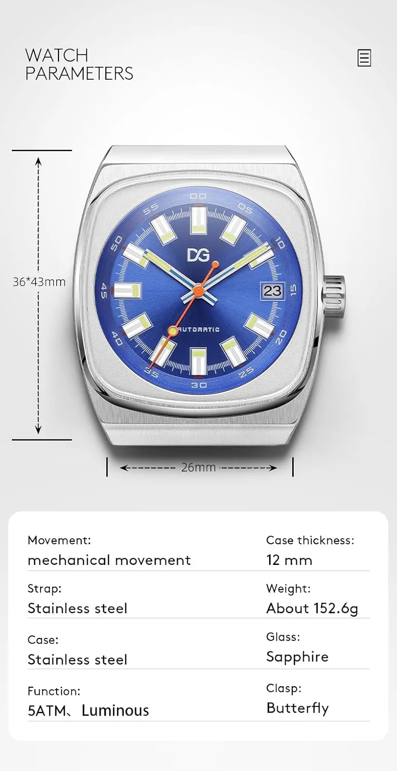 Men Automatic Watch Luxury Waterproof Date Week Luminous Square Wristwatch Stainless Steel Mechanical Watches Male Clock Sports Reloj
