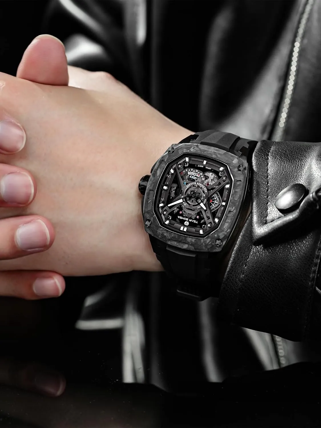 Mens Automatic Watches Luxury Skeleton Mechanical Wristwatch for Men 50M Waterproof Fashion Square Clock Gift for Man