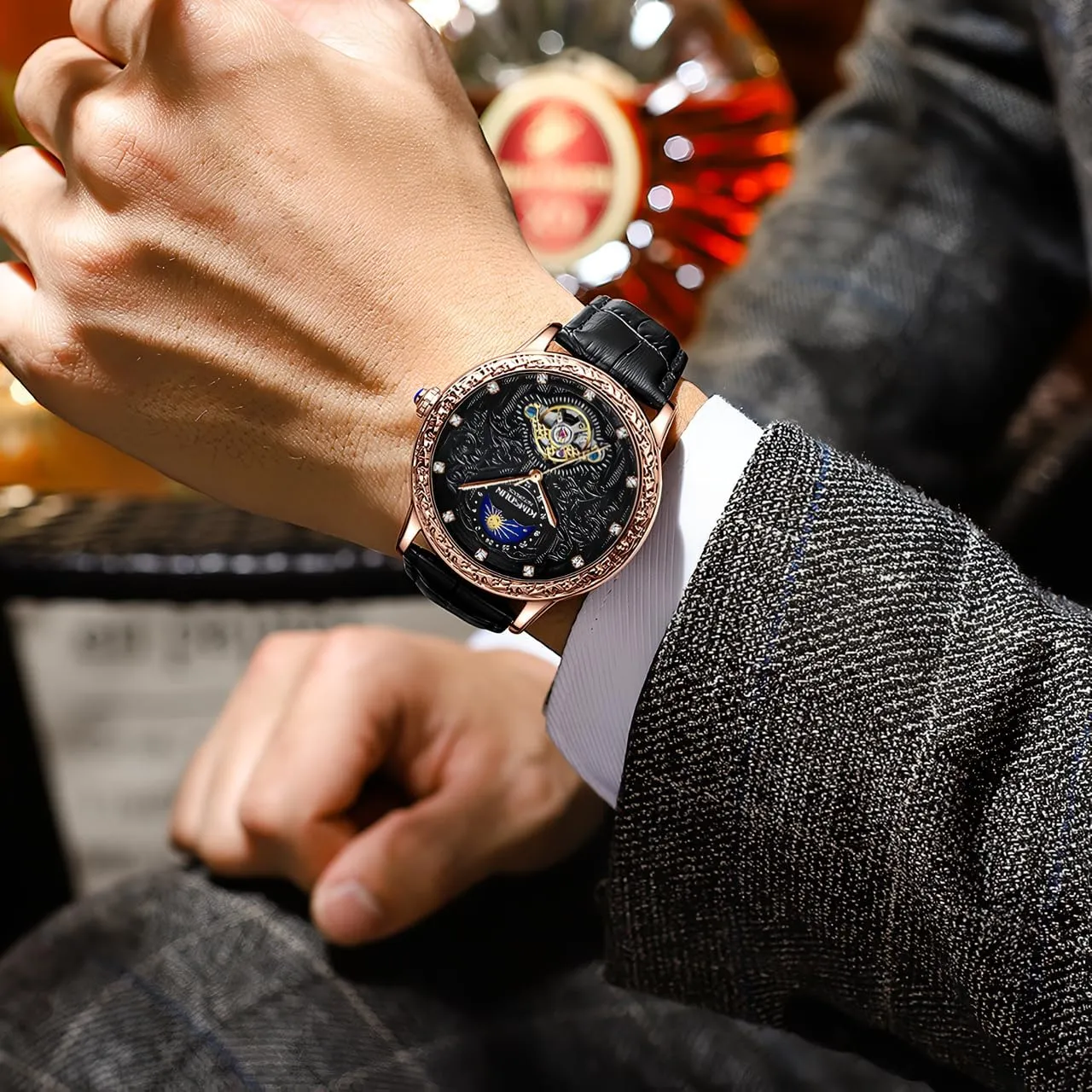 Mens Carved Retro Watch,Luxury Self-Winding Mechanical Moon Phase Tourbillon Automatic Men Wrist Watches,Genuine Leather Strap for Men