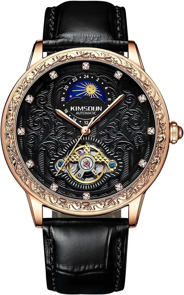 Mens Carved Retro Watch,Luxury Self-Winding Mechanical Moon Phase Tourbillon Automatic Men Wrist Watches,Genuine Leather Strap for Men
