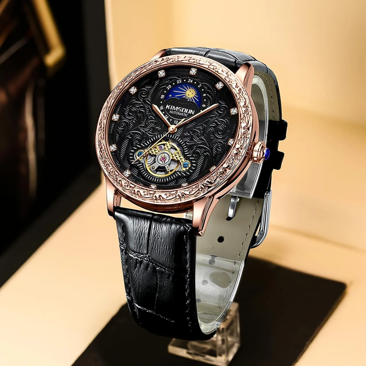 Mens Carved Retro Watch,Luxury Self-Winding Mechanical Moon Phase Tourbillon Automatic Men Wrist Watches,Genuine Leather Strap for Men