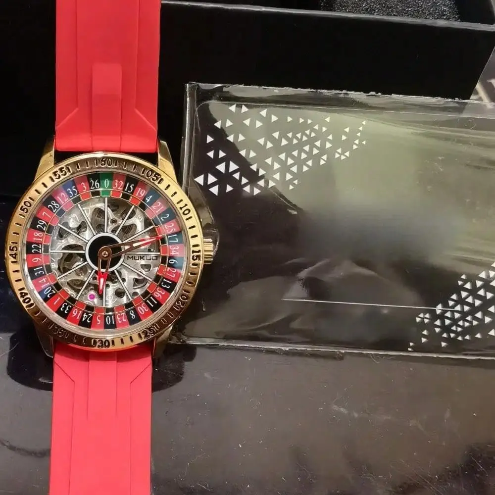 Mens Gambling Automatic Mechanical Skeleton Hollow Waterproof Luminous Watch Stainless Steel Band Self Winding Roulette Wheel Business Casual Wristwatch