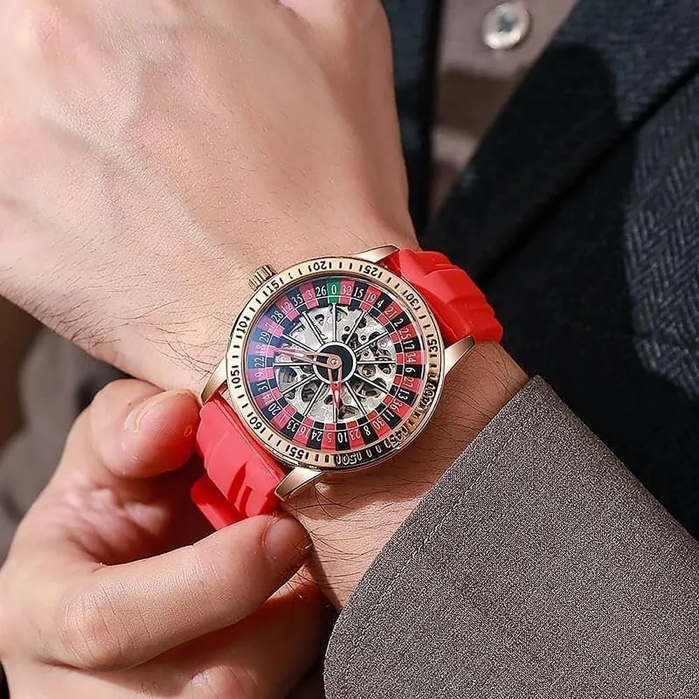 Mens Gambling Automatic Mechanical Skeleton Hollow Waterproof Luminous Watch Stainless Steel Band Self Winding Roulette Wheel Business Casual Wristwatch