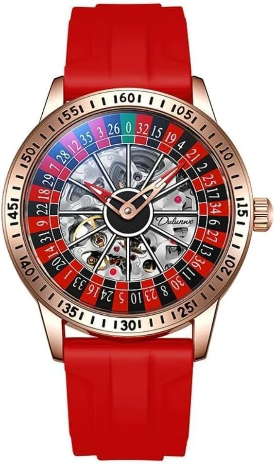 Mens Gambling Automatic Mechanical Skeleton Hollow Waterproof Luminous Watch Stainless Steel Band Self Winding Roulette Wheel Business Casual Wristwatch