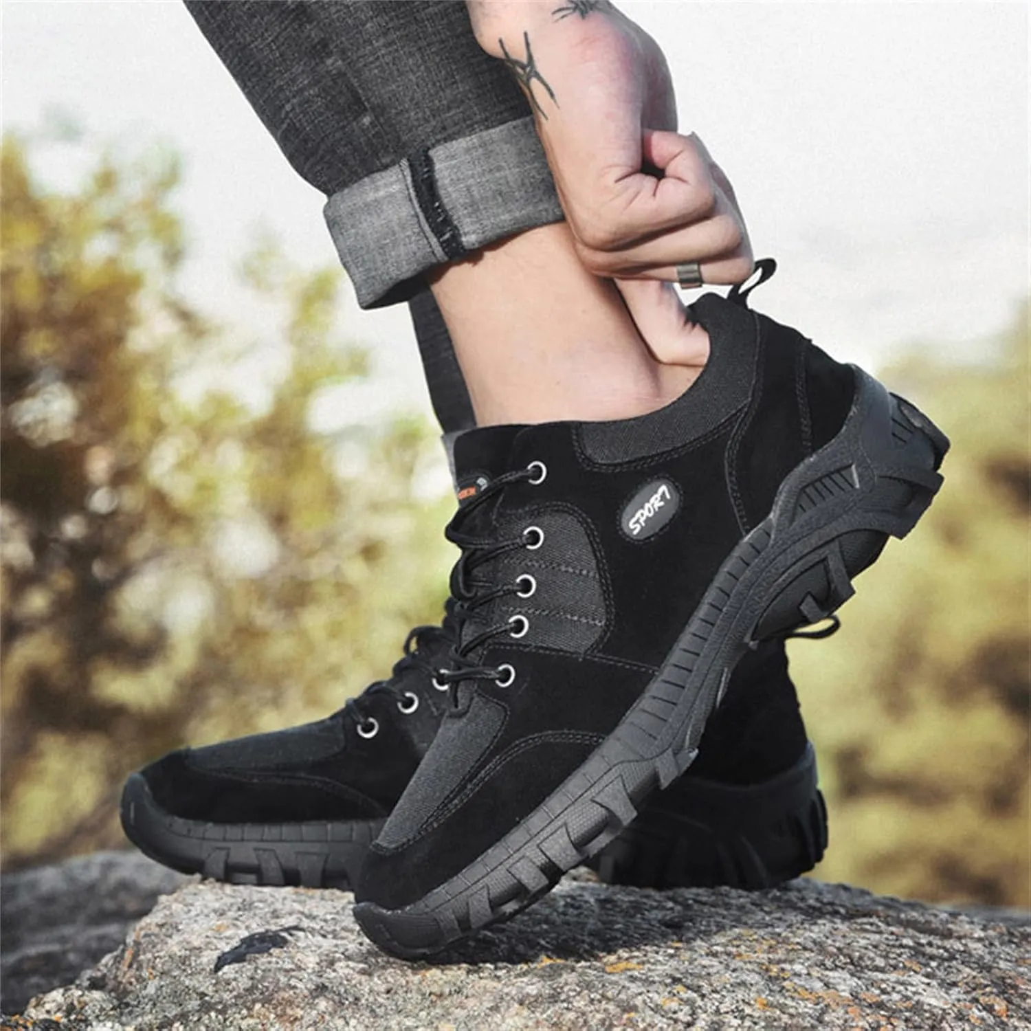 Men's Hiking Shoes Trail Running Shoes Waterproof Low Top Outdoor Walking Trekking Shoes Lace-Up Round Toe Sports Shoes for Men