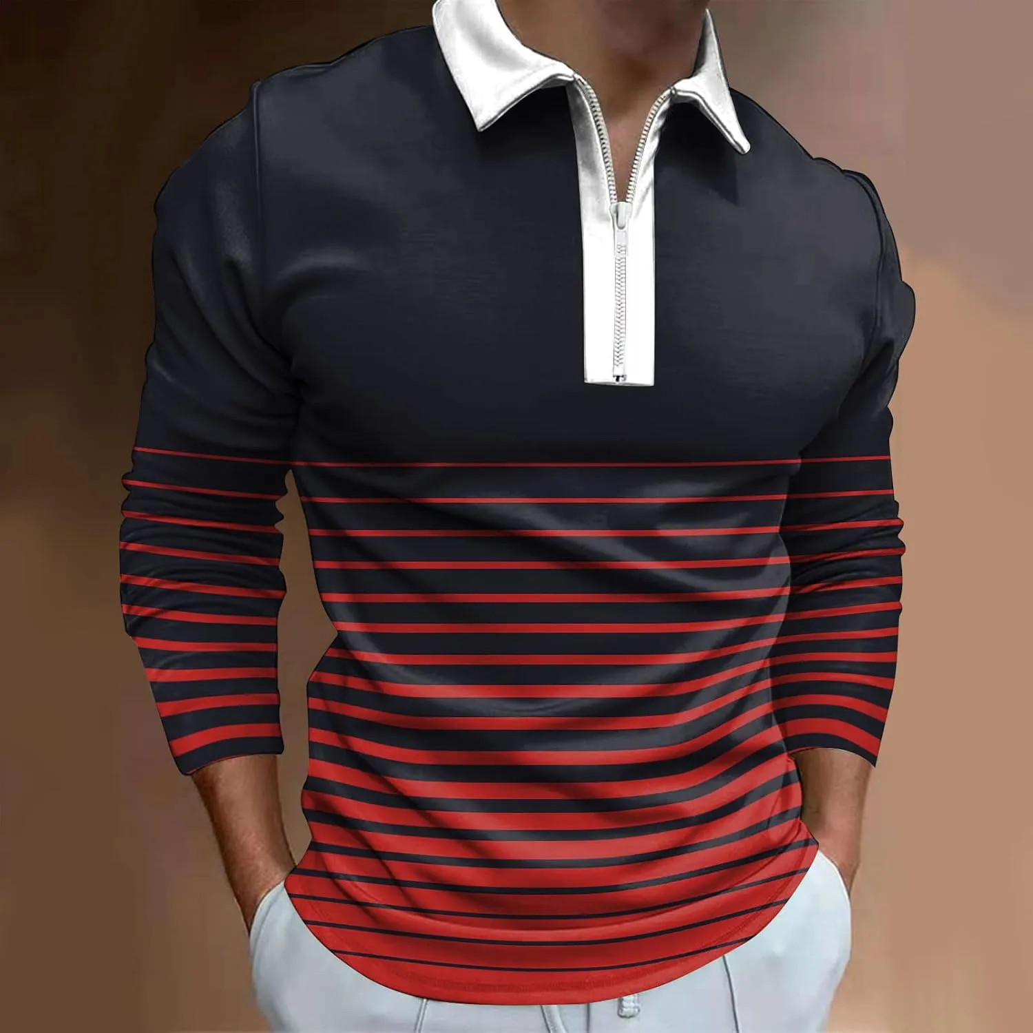 Mens Long Sleeve T Shirts Lapel Long Sleeve Printed Casual Top Loose Sports Lapel Shirt