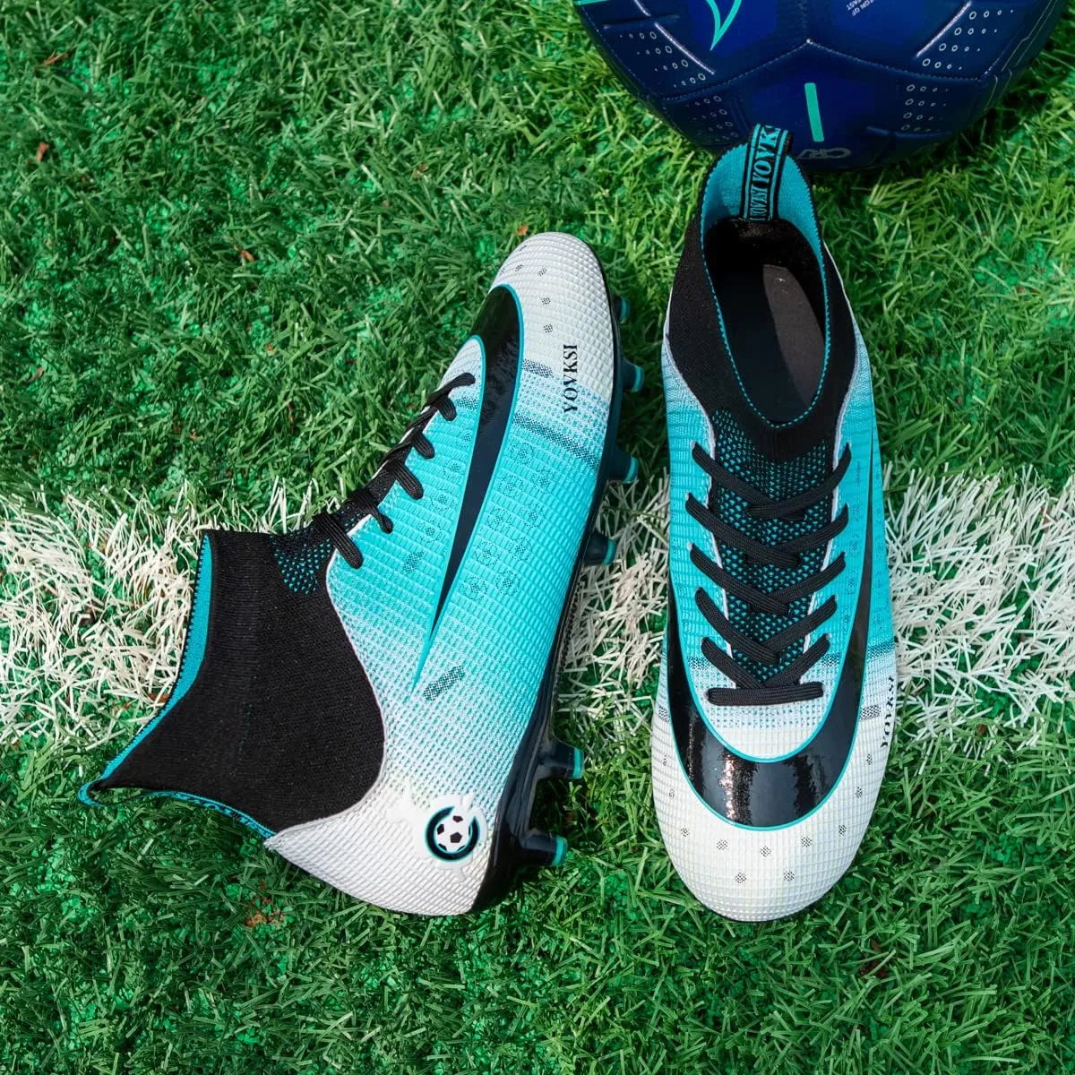 Men's Soccer Shoes Football Cleats with Lace-Up High Top Lightweight Indoor TF Turf Cleats Sneaker