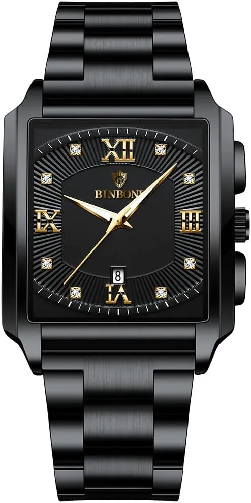 Men's Watch Luxury Gold Watch Men's Square Business Sports Quartz Waterproof Stainless Steel&Leather Strap Watch