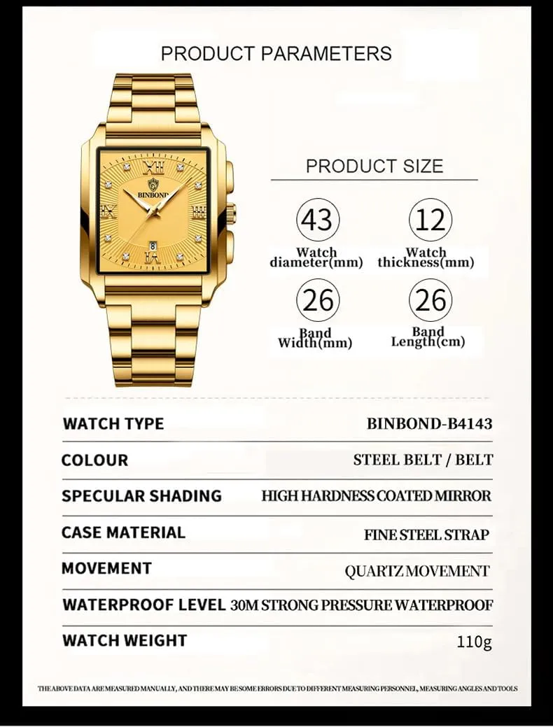 Men's Watch Luxury Gold Watch Men's Square Business Sports Quartz Waterproof Stainless Steel&Leather Strap Watch