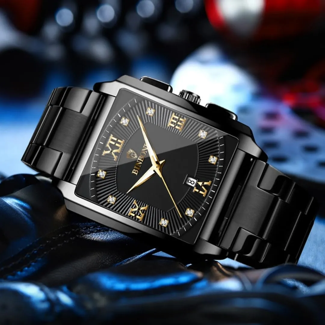 Men's Watch Luxury Gold Watch Men's Square Business Sports Quartz Waterproof Stainless Steel&Leather Strap Watch