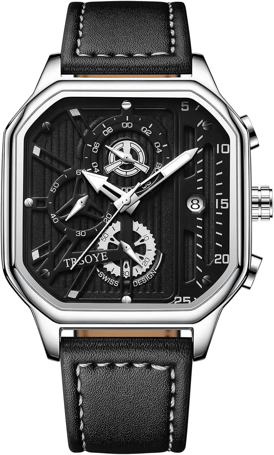 Mens Watches Chronograph Analog Quartz Wrist Watch for Men Black Fashion Casual Business Designer Dress Men's Watch with Calendar Leather Band 30M Waterproof