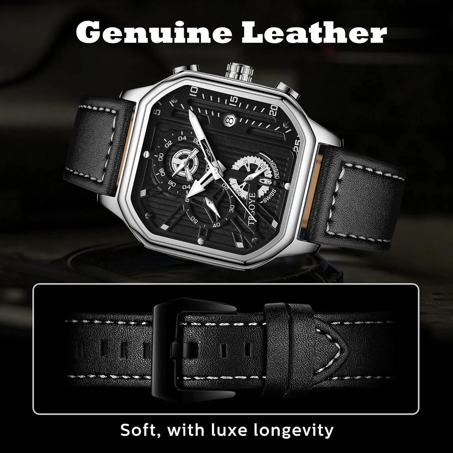 Mens Watches Chronograph Analog Quartz Wrist Watch for Men Black Fashion Casual Business Designer Dress Men's Watch with Calendar Leather Band 30M Waterproof
