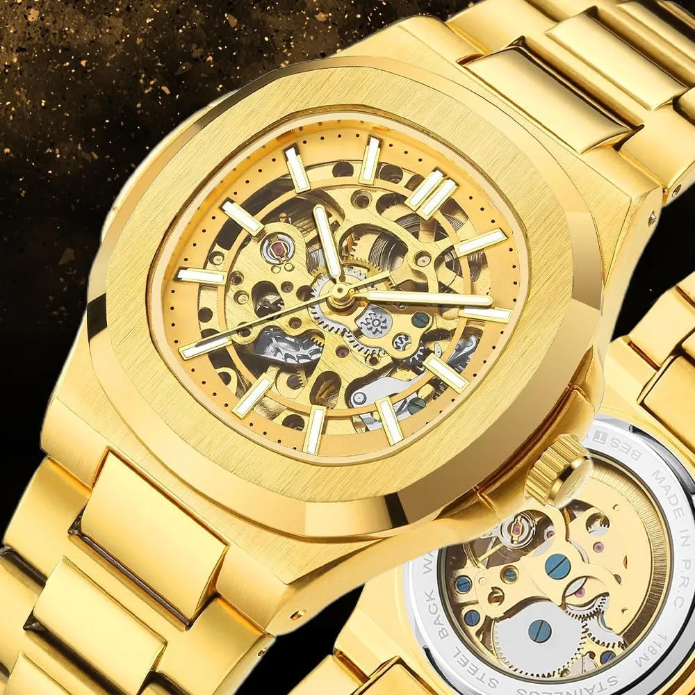 Mens Watches Mechanical Gold Black Square Skeleton Automatic Watch for Men Business Dress Wristwatch Male Festival Gift