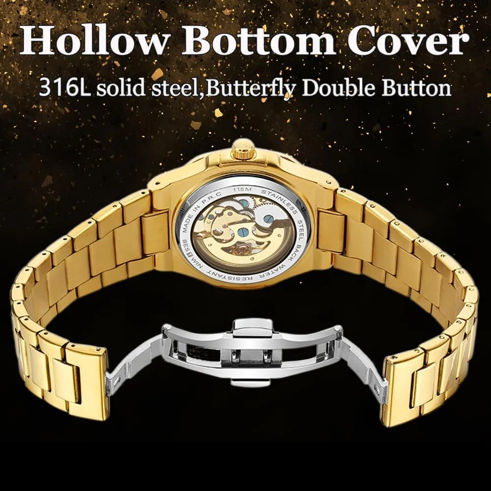 Mens Watches Mechanical Gold Black Square Skeleton Automatic Watch for Men Business Dress Wristwatch Male Festival Gift