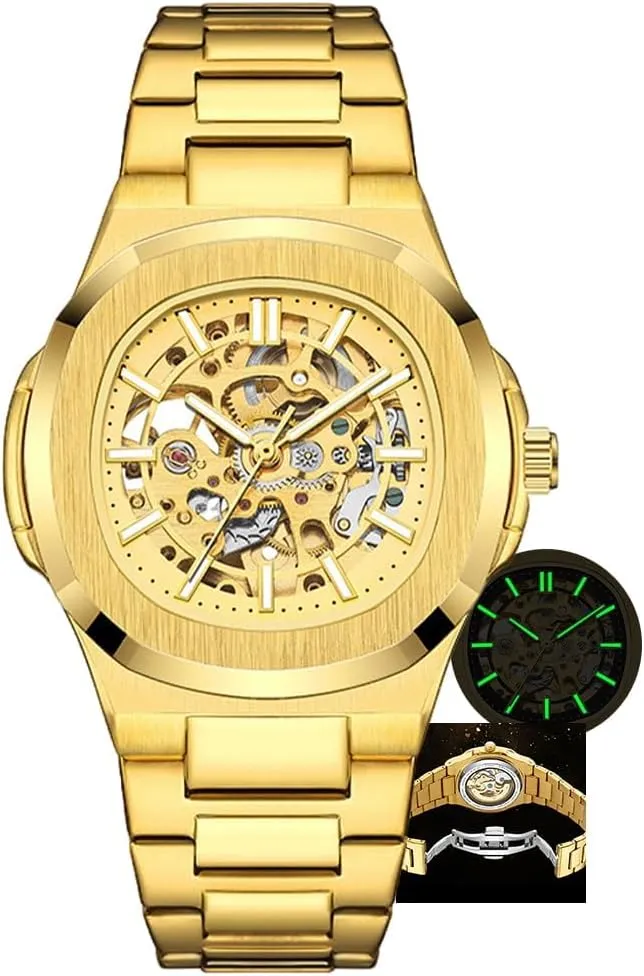 Mens Watches Mechanical Gold Black Square Skeleton Automatic Watch for Men Business Dress Wristwatch Male Festival Gift