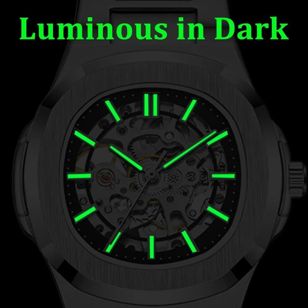 Mens Watches Mechanical Gold Black Square Skeleton Automatic Watch for Men Business Dress Wristwatch Male Festival Gift