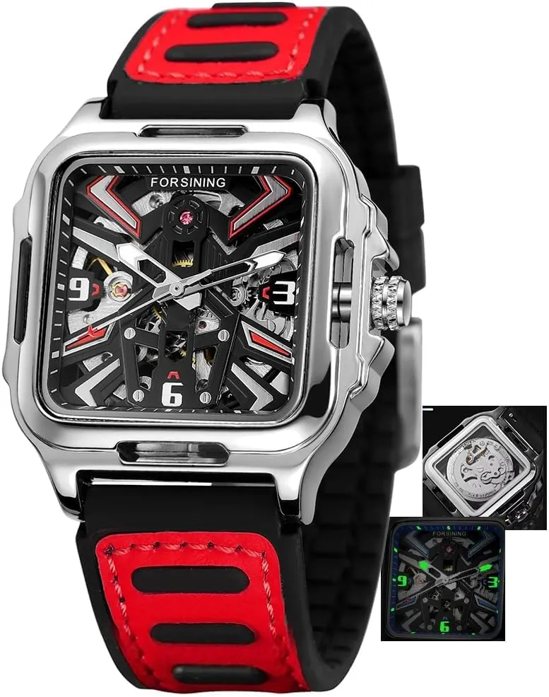 Mens Watches Mechanical Stainless Steel Gold Black Square Skeleton Automatic Watch for Men Sport Yellow Red Wristwatch