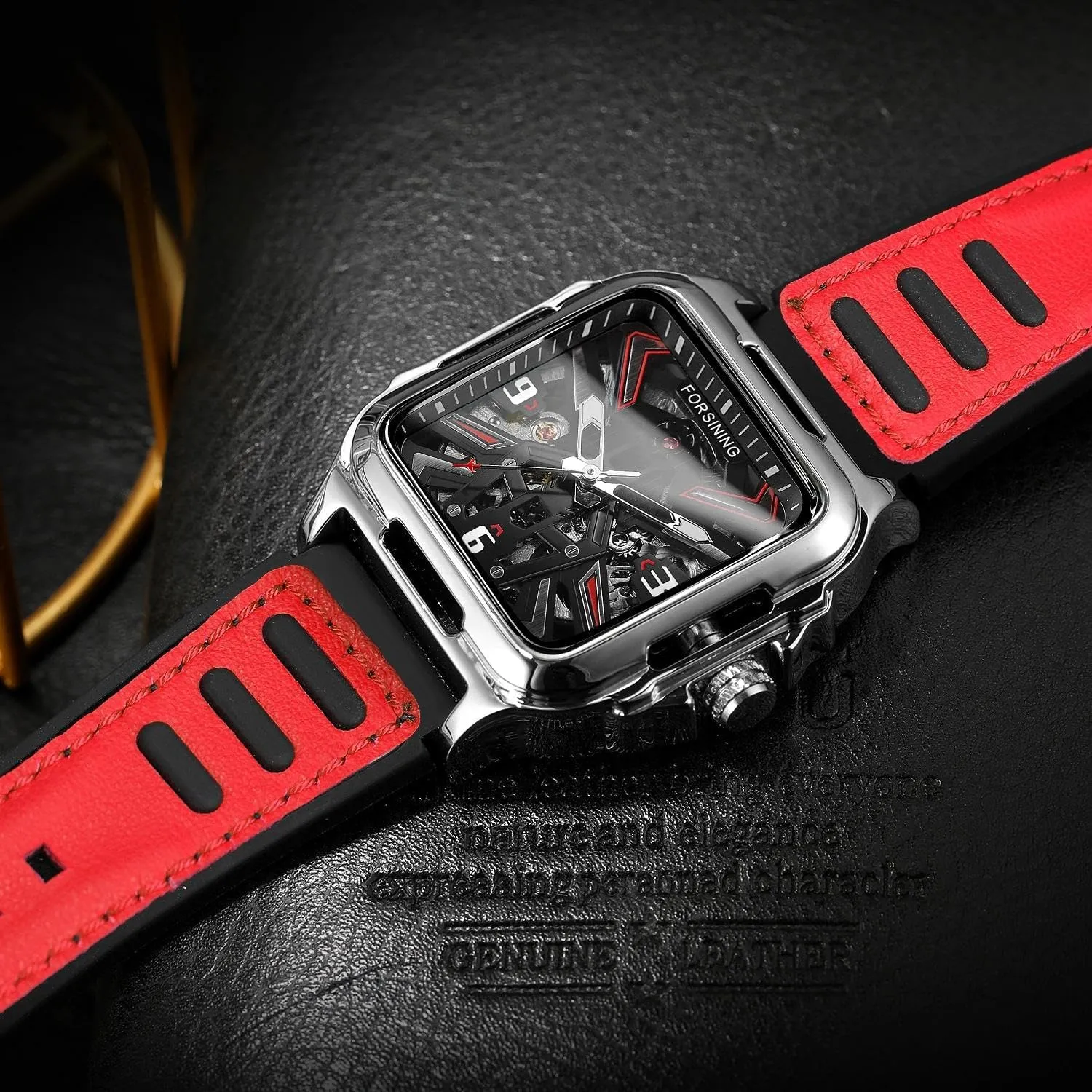Mens Watches Mechanical Stainless Steel Gold Black Square Skeleton Automatic Watch for Men Sport Yellow Red Wristwatch