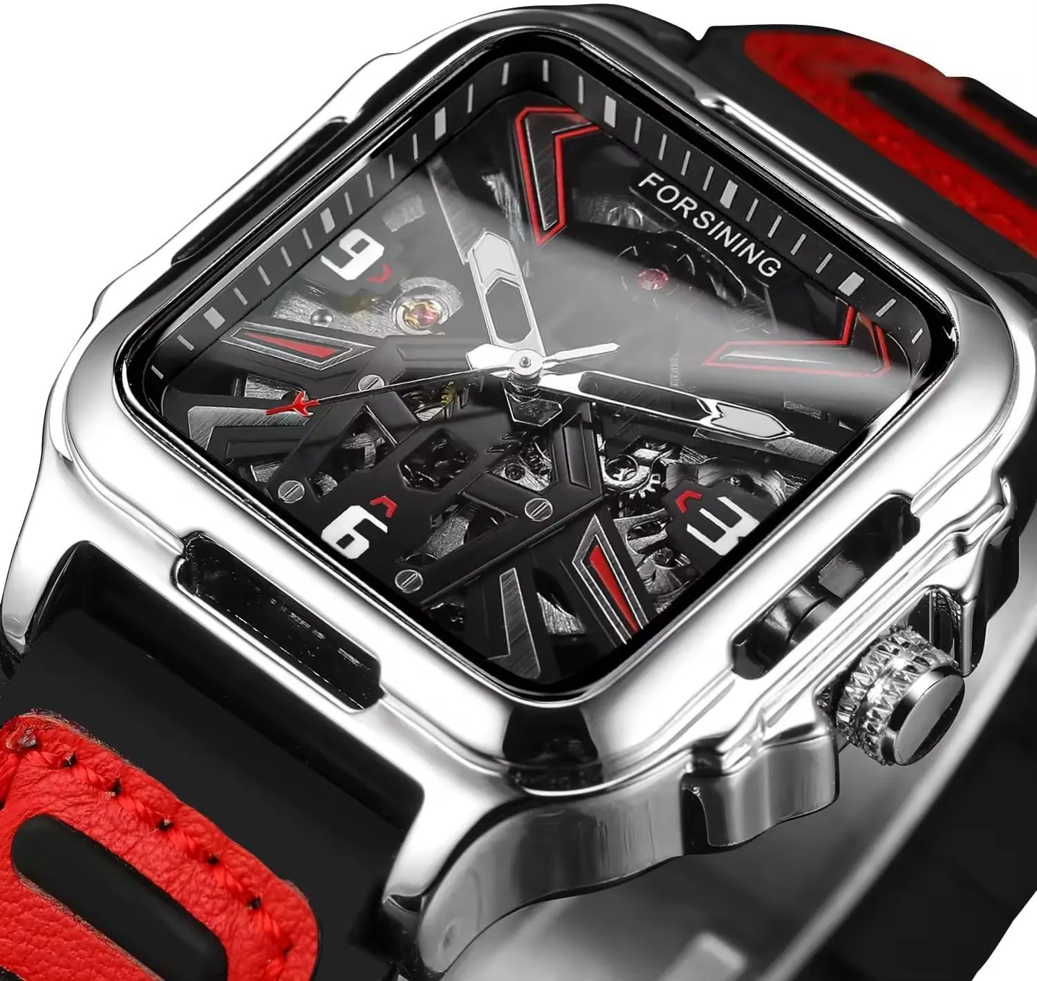 Mens Watches Mechanical Stainless Steel Gold Black Square Skeleton Automatic Watch for Men Sport Yellow Red Wristwatch