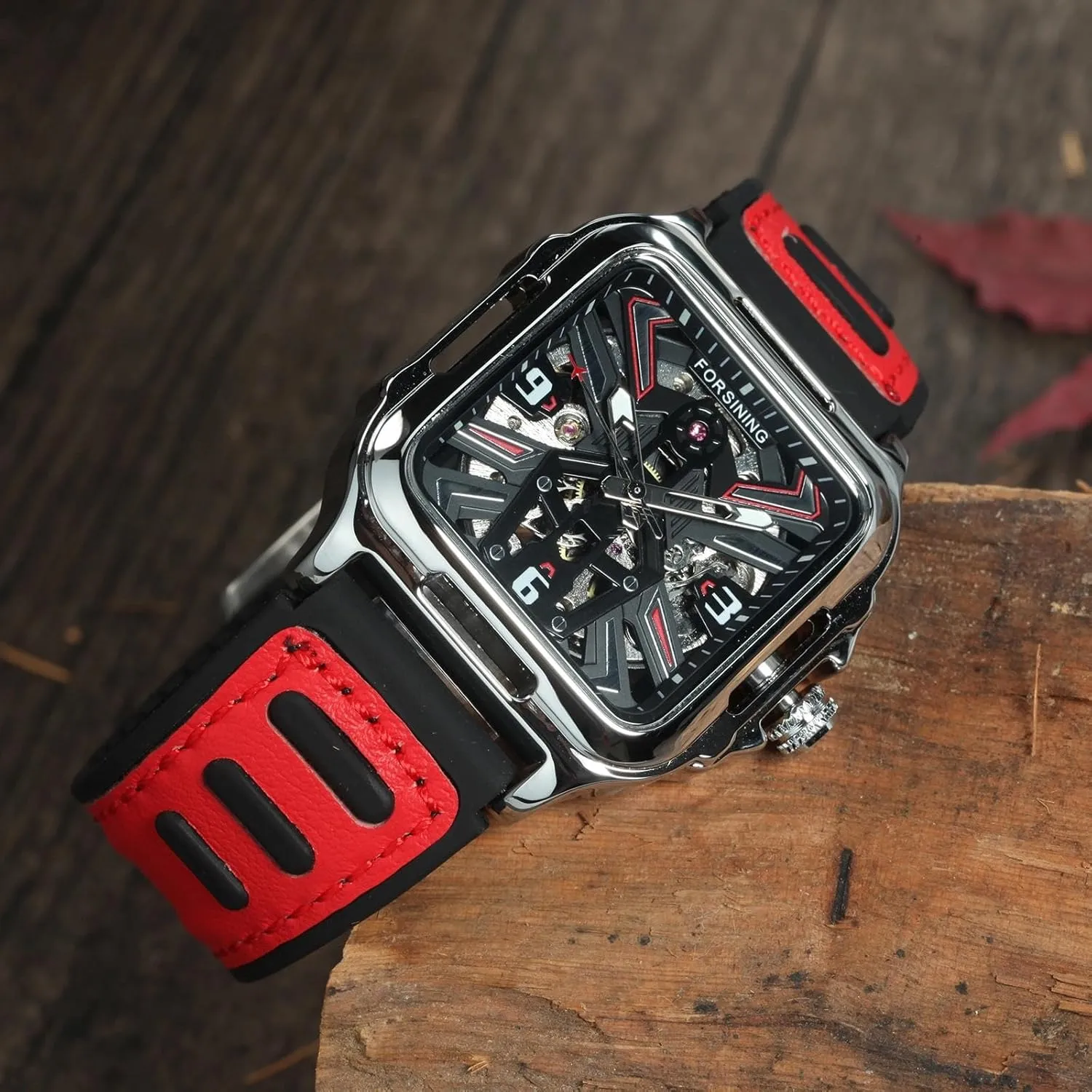 Mens Watches Mechanical Stainless Steel Gold Black Square Skeleton Automatic Watch for Men Sport Yellow Red Wristwatch
