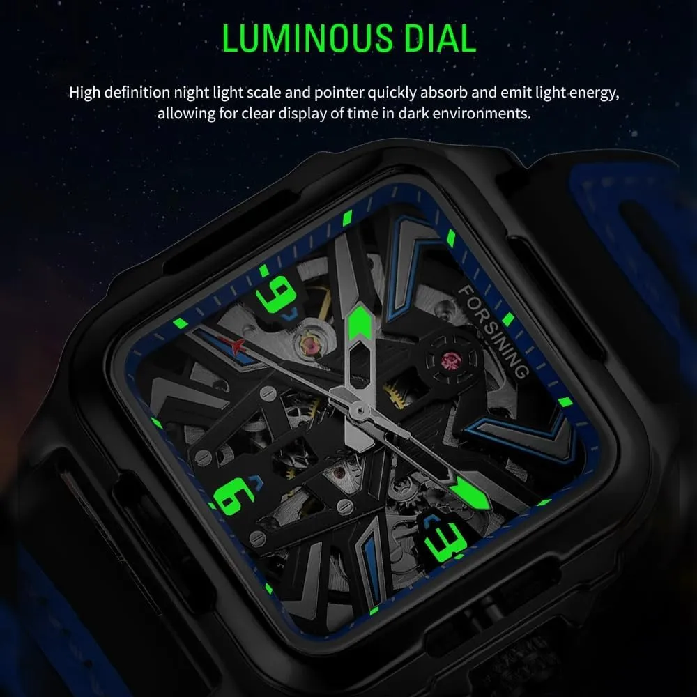 Mens Watches Mechanical Stainless Steel Gold Black Square Skeleton Automatic Watch for Men Sport Yellow Red Wristwatch
