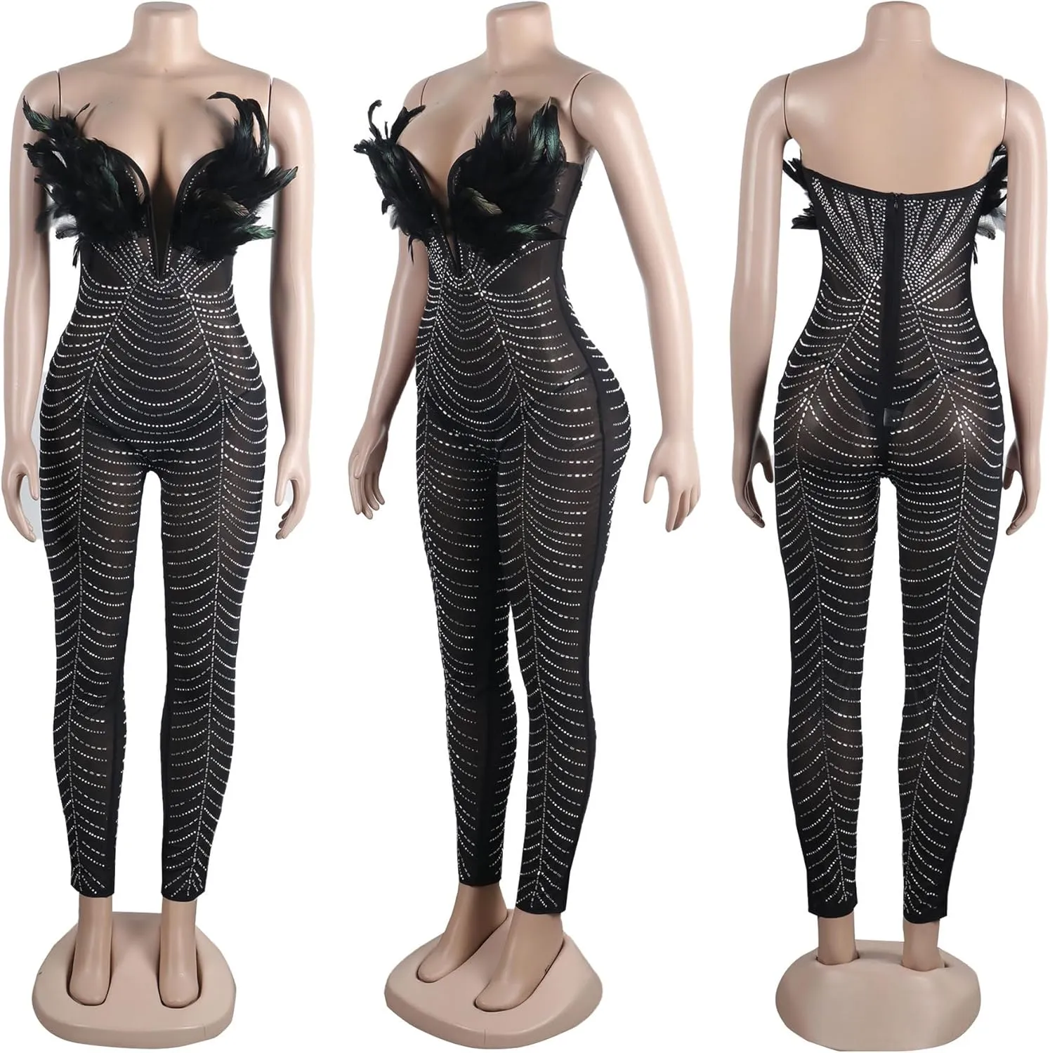MESLIMA Women's Sexy Mesh Patchwork Sequin Rhinestone Jumpsuit One Shoulder Backless Bodycon Club Bodysuit