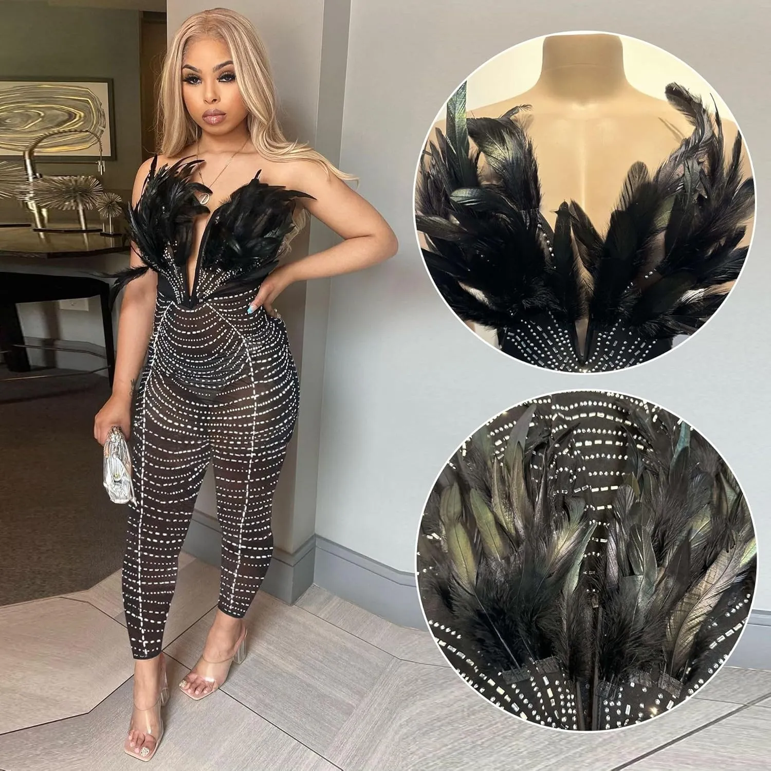 MESLIMA Women's Sexy Mesh Patchwork Sequin Rhinestone Jumpsuit One Shoulder Backless Bodycon Club Bodysuit
