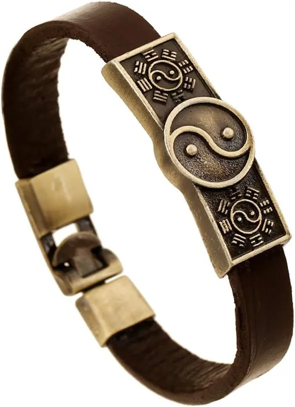 Metal Yin Yang Taiji Bracelet Bangles Leather Bracelet Brown for Men