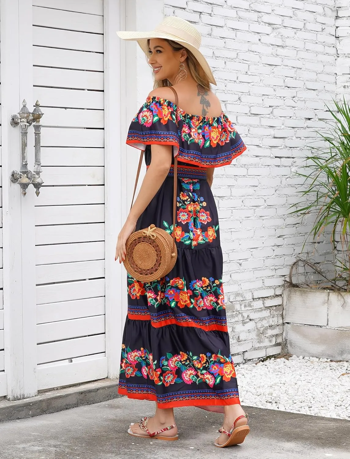 Mexican Dress for Women Off Shoulder Floral Print Long Maxi Dress Summer Cinco de Mayo Party Dresses with Belt