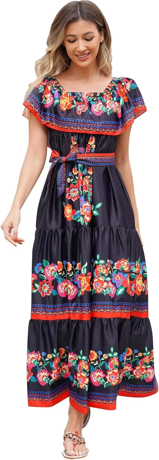 Mexican Dress for Women Off Shoulder Floral Print Long Maxi Dress Summer Cinco de Mayo Party Dresses with Belt
