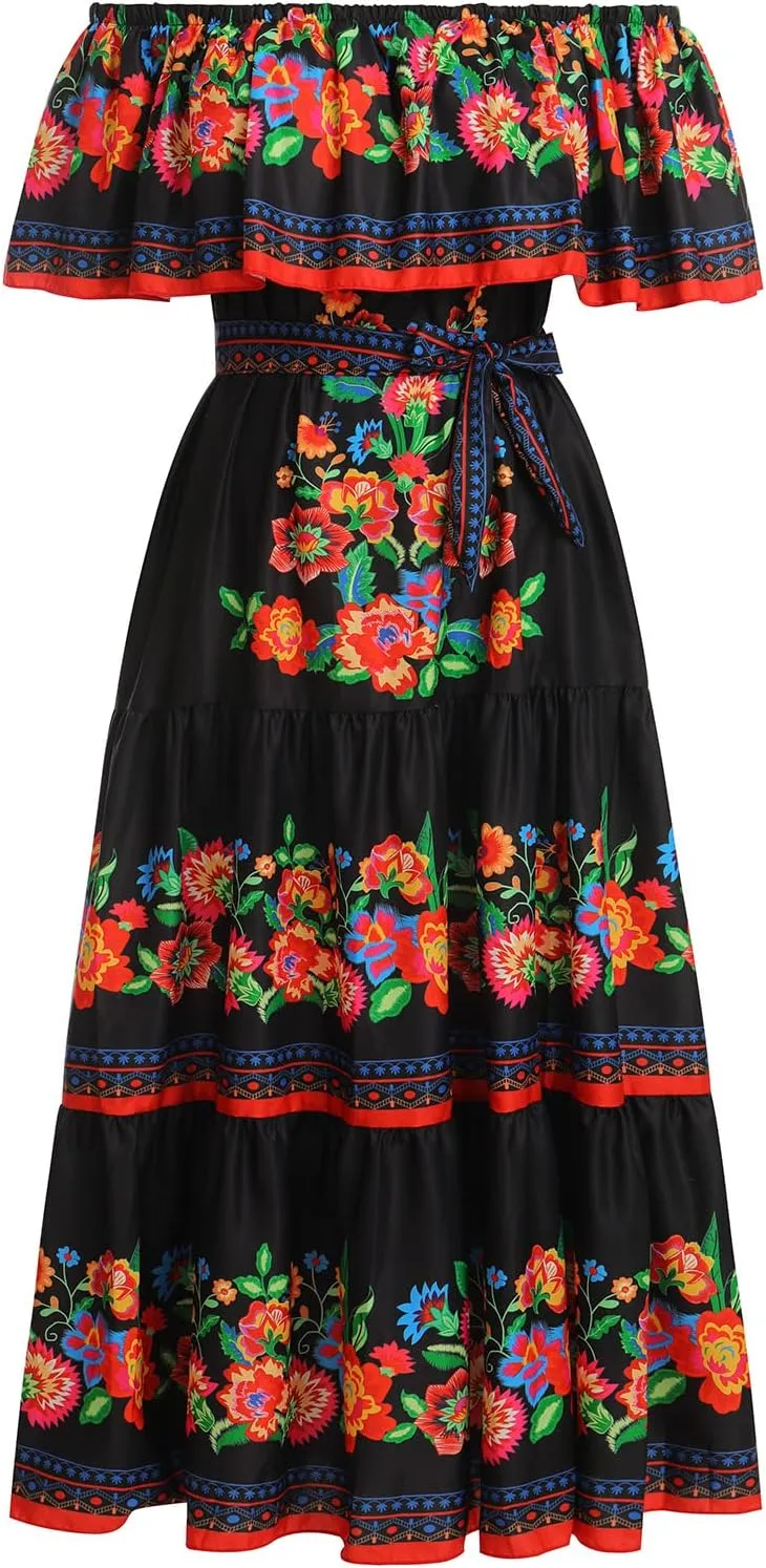 Mexican Dress for Women Off Shoulder Floral Print Long Maxi Dress Summer Cinco de Mayo Party Dresses with Belt