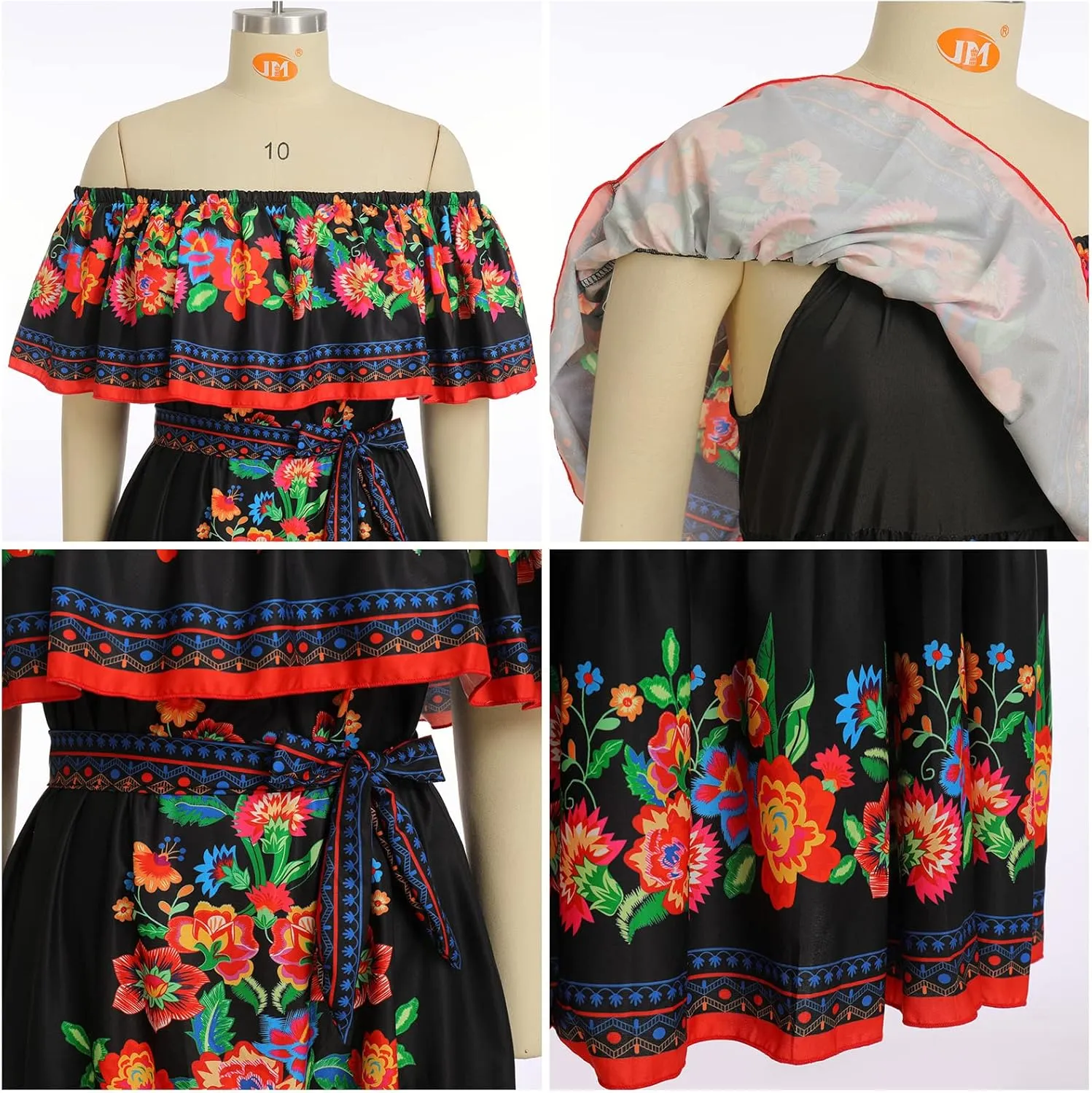 Mexican Dress for Women Off Shoulder Floral Print Long Maxi Dress Summer Cinco de Mayo Party Dresses with Belt