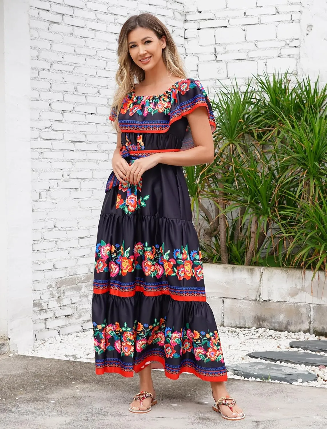 Mexican Dress for Women Off Shoulder Floral Print Long Maxi Dress Summer Cinco de Mayo Party Dresses with Belt