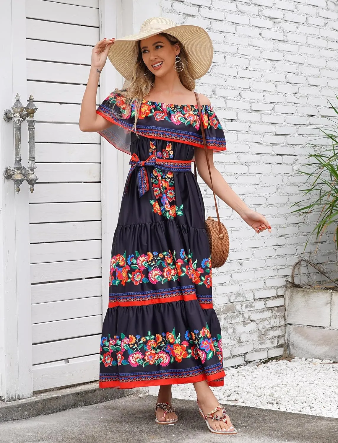 Mexican Dress for Women Off Shoulder Floral Print Long Maxi Dress Summer Cinco de Mayo Party Dresses with Belt