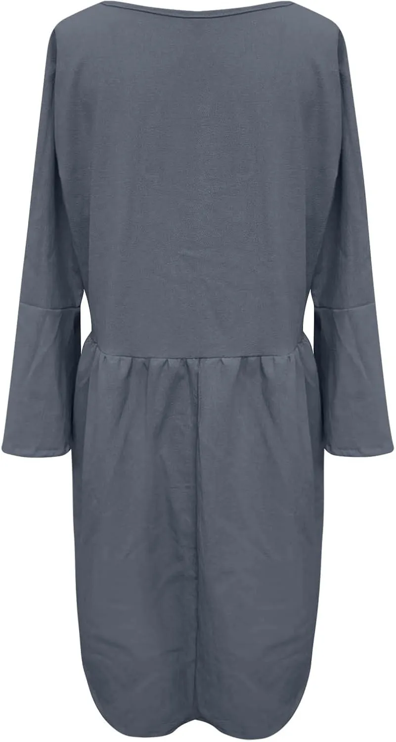 Midi Dress Women Plain 3/4 Sleeve Ruffle Aline Swing Casual Dresses Fashion Trendy 2025 Plus Size Cotton Linen Clothes