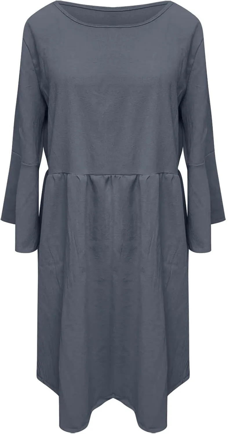 Midi Dress Women Plain 3/4 Sleeve Ruffle Aline Swing Casual Dresses Fashion Trendy 2025 Plus Size Cotton Linen Clothes