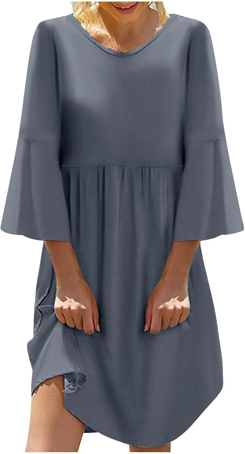 Midi Dress Women Plain 3/4 Sleeve Ruffle Aline Swing Casual Dresses Fashion Trendy 2025 Plus Size Cotton Linen Clothes