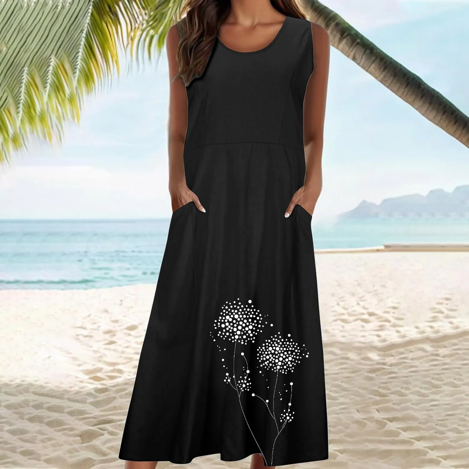 Midi Summer Dresses for Women 2025 Vacation Linen Sleeveless Scoop Neck Print Flowy Sundress Loose Beach Dress Pocket