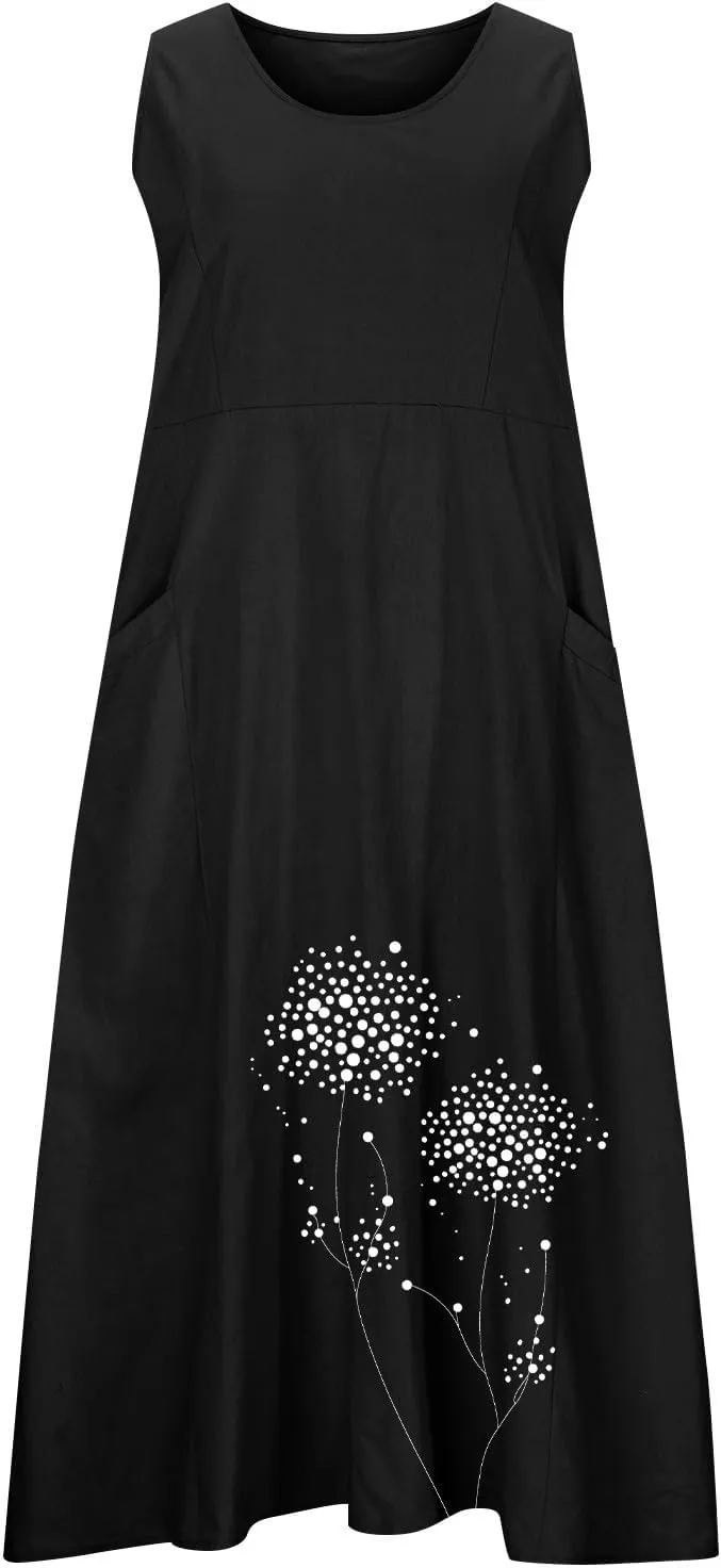 Midi Summer Dresses for Women 2025 Vacation Linen Sleeveless Scoop Neck Print Flowy Sundress Loose Beach Dress Pocket