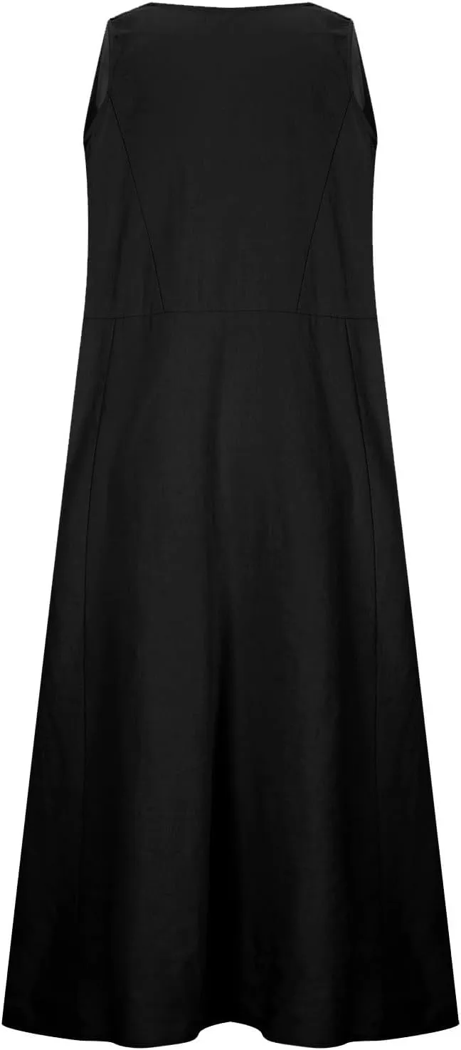 Midi Summer Dresses for Women 2025 Vacation Linen Sleeveless Scoop Neck Print Flowy Sundress Loose Beach Dress Pocket