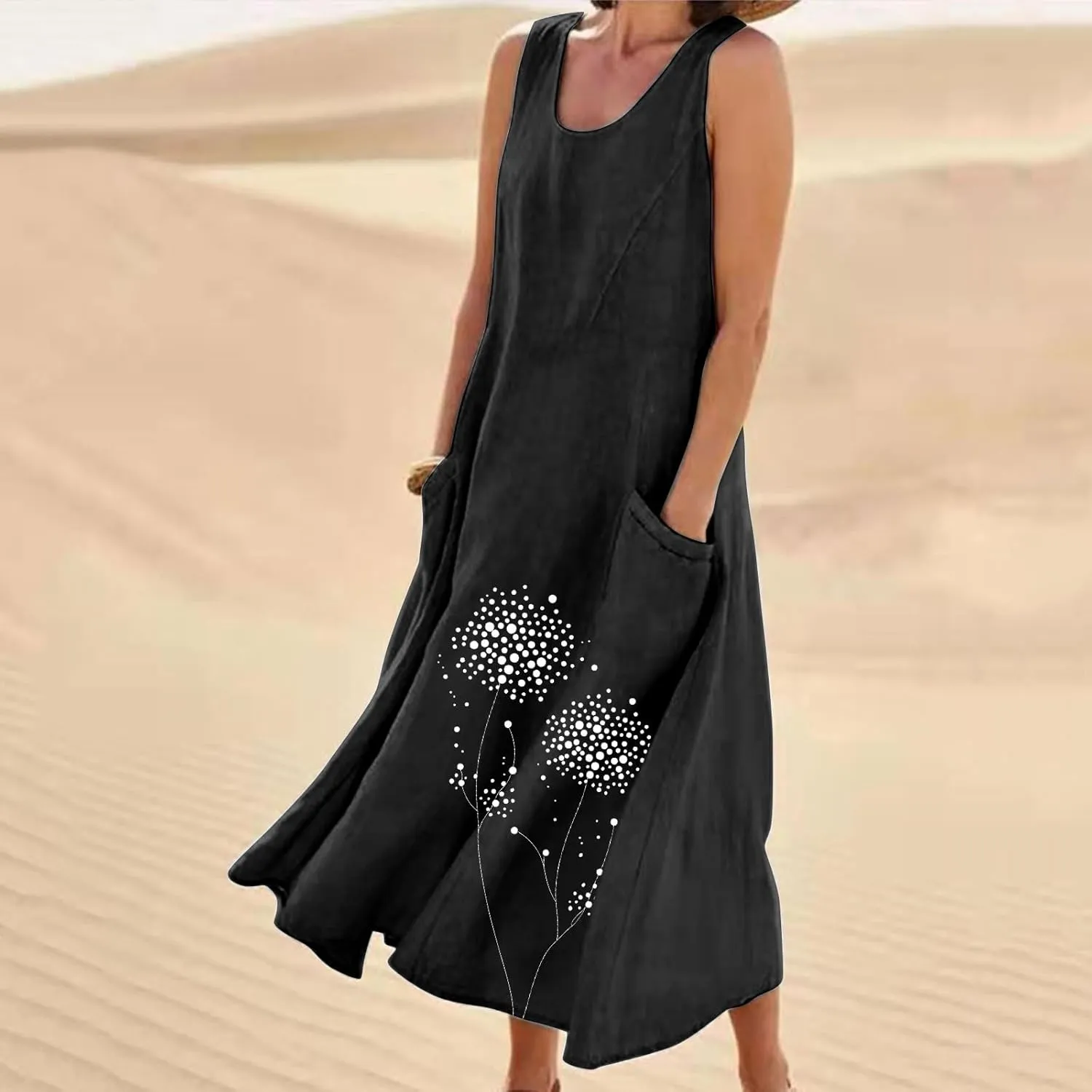 Midi Summer Dresses for Women 2025 Vacation Linen Sleeveless Scoop Neck Print Flowy Sundress Loose Beach Dress Pocket