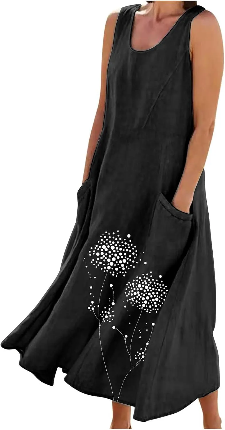 Midi Summer Dresses for Women 2025 Vacation Linen Sleeveless Scoop Neck Print Flowy Sundress Loose Beach Dress Pocket