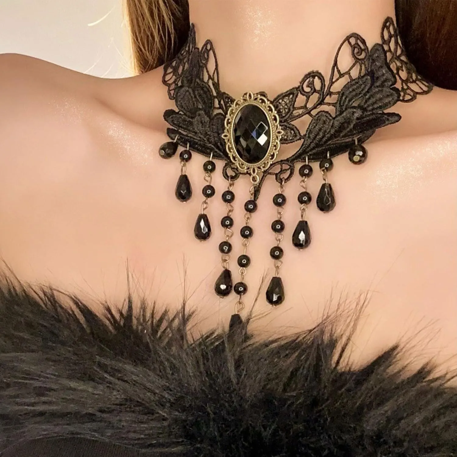MIFYNN Gothic Black Lace Choker Necklace Vintage Black Crystal Tassel Collar Necklace Punk Vampire Chain Necklace Halloween Costume Jewelry Gifts