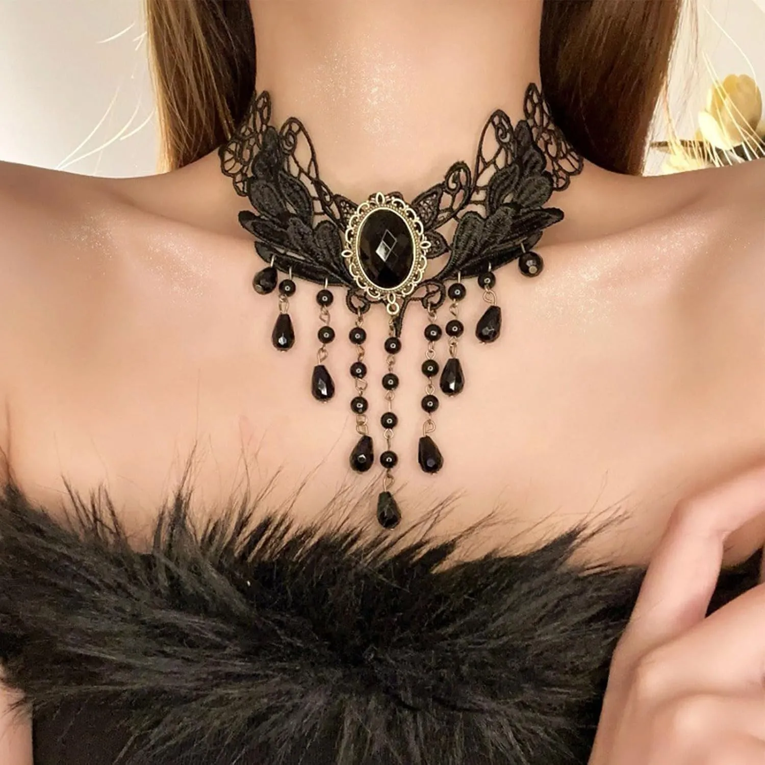 MIFYNN Gothic Black Lace Choker Necklace Vintage Black Crystal Tassel Collar Necklace Punk Vampire Chain Necklace Halloween Costume Jewelry Gifts