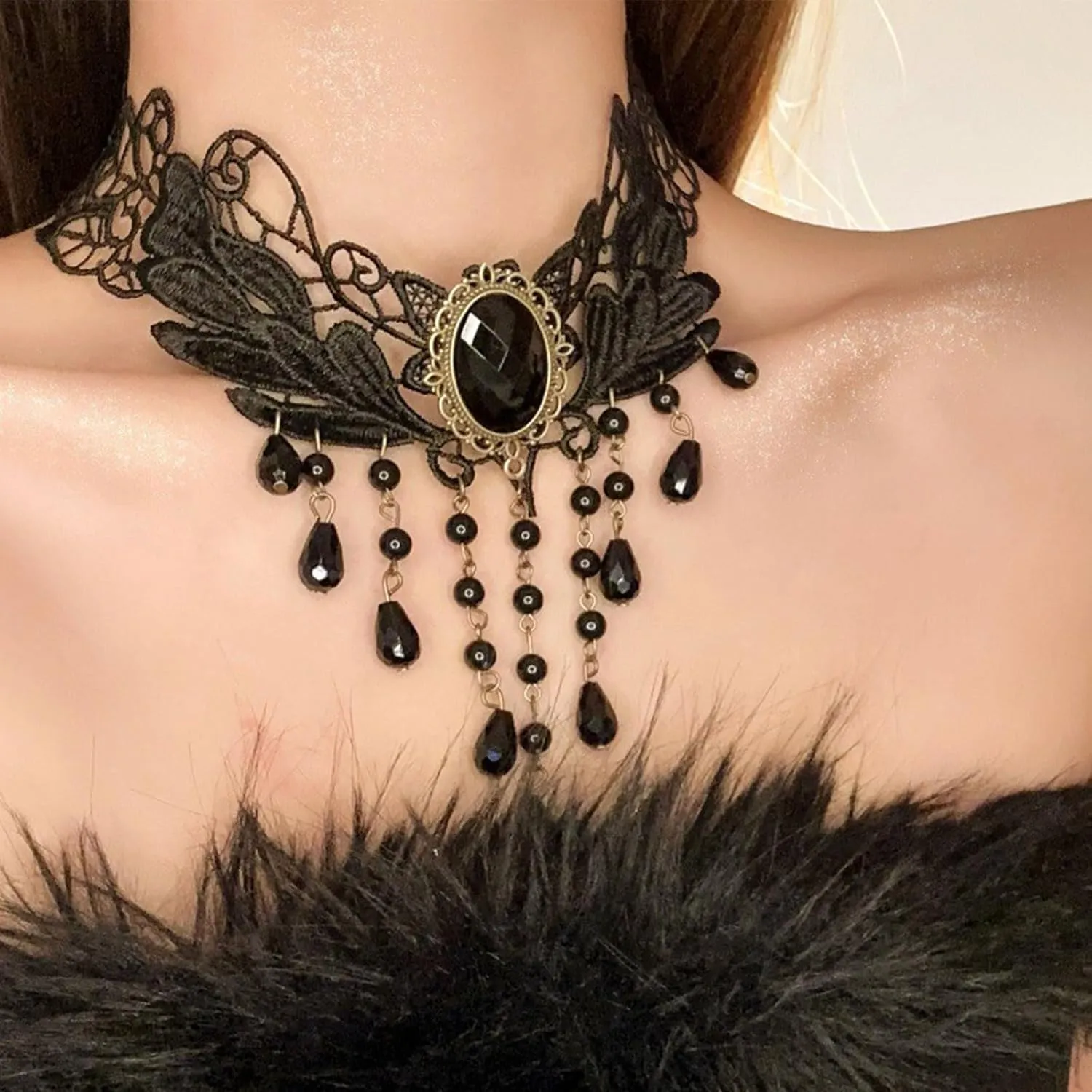 MIFYNN Gothic Black Lace Choker Necklace Vintage Black Crystal Tassel Collar Necklace Punk Vampire Chain Necklace Halloween Costume Jewelry Gifts