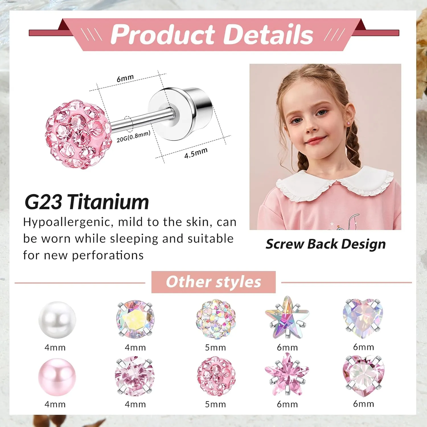MILACOLATO 5 Pairs G23 Titanium Screw Back Earrings Set for Women, 20G Hypoallergenic Pure Titanium Stud Earrings for Sensitive Ear