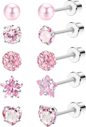 MILACOLATO 5 Pairs G23 Titanium Screw Back Earrings Set for Women, 20G Hypoallergenic Pure Titanium Stud Earrings for Sensitive Ear
