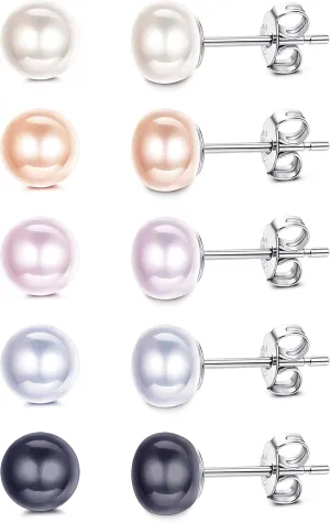 Milacolato 5 Pairs Pearl Stud Earrings for Women | Genuine Freshwater Cultured Pearl Earrings Set 18K White Gold Plated Sterling Silver Stud Earrings | Wedding Bridal Earrings