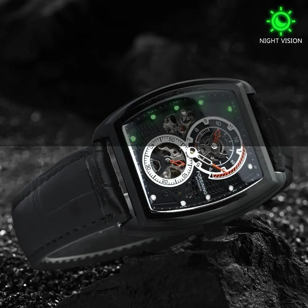 Military Sport Automatic Mechanical Men Watch Flywheel Hollo Disc Skeleton Waterproof Watches Luxury Leather Band Strap Clock for Business Male Wristwatches