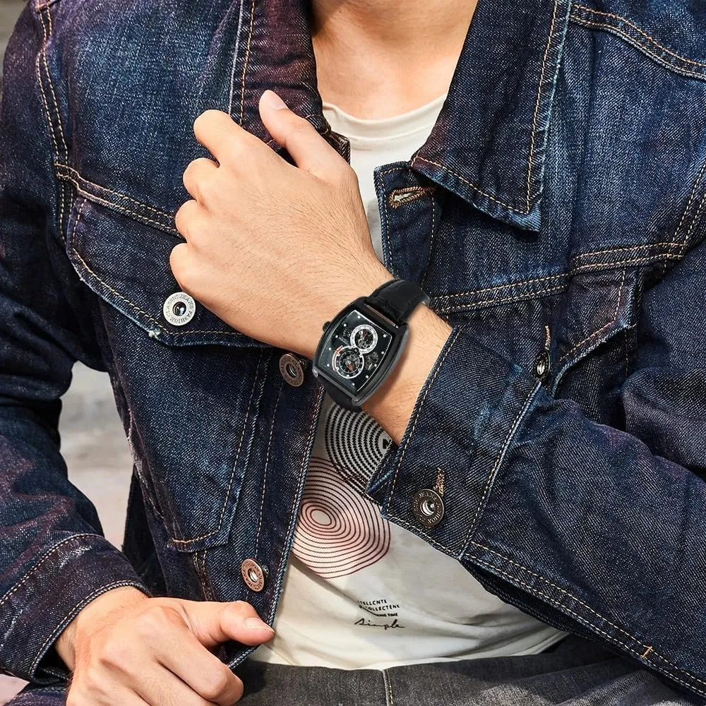 Military Sport Automatic Mechanical Men Watch Flywheel Hollo Disc Skeleton Waterproof Watches Luxury Leather Band Strap Clock for Business Male Wristwatches